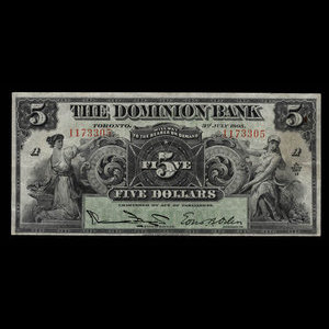 Canada, Dominion Bank, 5 dollars : 3 juillet 1905