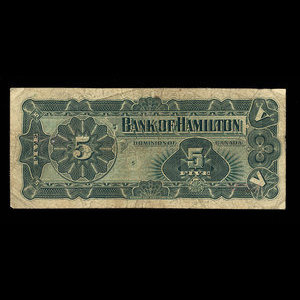 Canada, Bank of Hamilton, 5 dollars : 2 janvier 1904