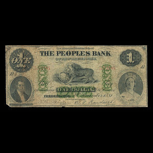 Canada, Peoples Bank of New Brunswick, 1 dollar : 1 décembre 1881