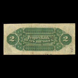 Canada, Peoples Bank of New Brunswick, 2 dollars : 2 janvier 1874