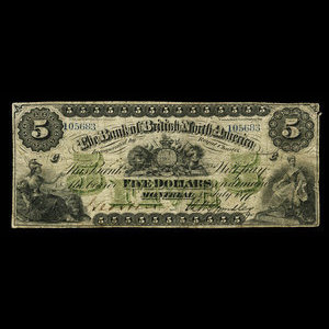 Canada, Bank of British North America, 5 dollars : 3 juillet 1877