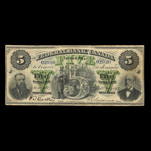 Canada, Federal Bank of Canada, 5 dollars : 1 juillet 1874