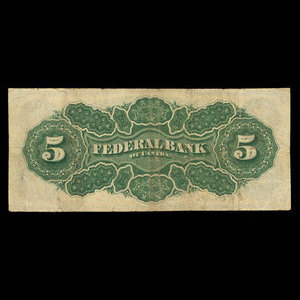 Canada, Federal Bank of Canada, 5 dollars : 1 juillet 1874