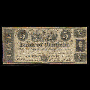 Canada, Colonial Bank of Chatham, 5 dollars : 3 février 1837