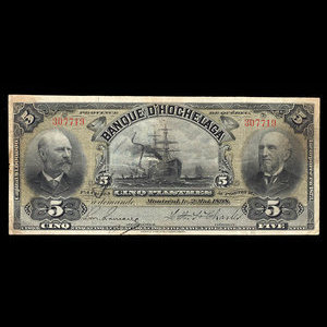 Canada, Banque d'Hochelaga, 5 piastres : 2 mai 1898