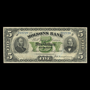 Canada, Molsons Bank, 5 dollars : 3 juillet 1899