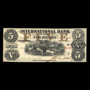 Canada, International Bank of Canada, 5 dollars : 15 septembre 1858