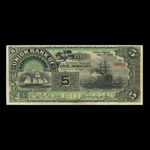 Canada, Union Bank of Newfoundland, 5 dollars : 1 mai 1889