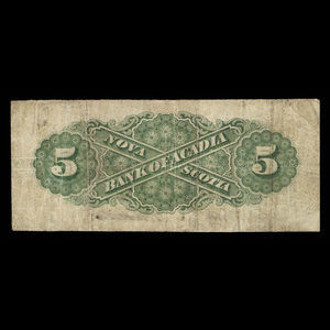 Canada, Bank of Acadia, 5 dollars : 2 décembre 1872