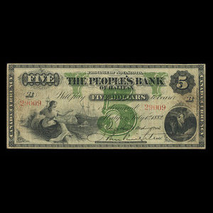 Canada, People's Bank of Halifax, 5 dollars : 1 juillet 1882