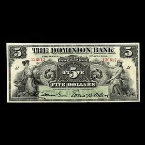 Canada, Dominion Bank, 5 dollars : 3 juillet 1905