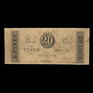 Canada, A. Pinet, 20 sous : 6 août 1837