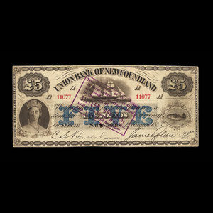 Canada, Union Bank of Newfoundland, 5 livres(anglaise) : 1 août 1883