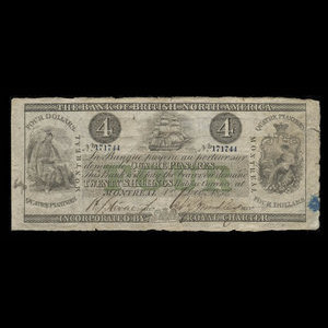 Canada, Bank of British North America, 4 dollars : 1 décembre 1852