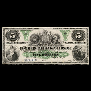 Canada, Commercial Bank of Windsor, 5 dollars : 1 juillet 1871