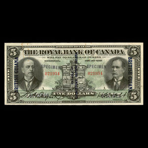 Guyane britannique, Banque Royale du Canada, 5 dollars : 2 janvier 1913