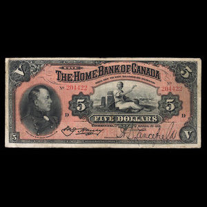 Canada, Home Bank of Canada, 5 dollars : 1 mars 1917