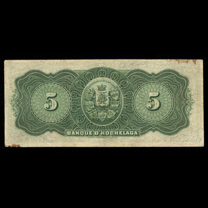 Canada, Banque d'Hochelaga, 5 piastres : 1 mars 1907