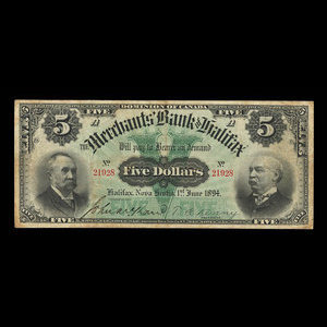 Canada, Merchants' Bank of Halifax, 5 dollars : 1 juin 1894