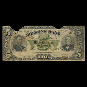 Canada, Molsons Bank, 5 dollars : 3 janvier 1893