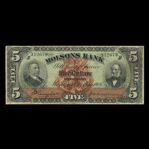 Canada, Molsons Bank, 5 dollars : 2 mai 1904