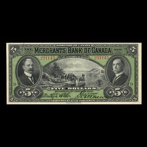 Canada, Merchants Bank of Canada (The), 5 dollars : 3 janvier 1917