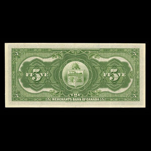 Canada, Merchants Bank of Canada (The), 5 dollars : 3 janvier 1917