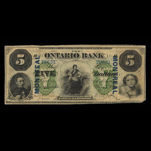 Canada, Ontario Bank, 5 dollars : 1 novembre 1870