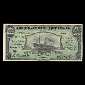 Trinité, Banque Royale du Canada, 5 dollars : 2 janvier 1920