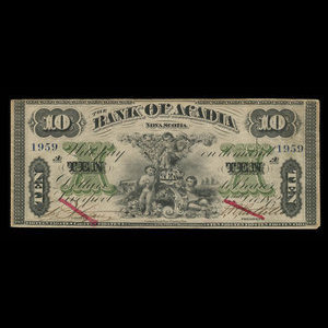 Canada, Bank of Acadia, 10 dollars : 2 décembre 1872