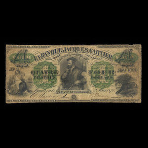 Canada, Banque Jacques-Cartier, 4 piastres : 2 mai 1870