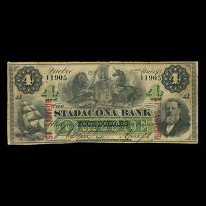 Canada, Stadacona Bank, 4 dollars : 2 avril 1874