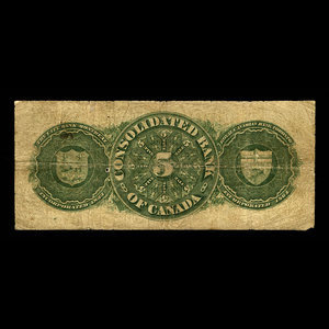 Canada, Consolidated Bank of Canada, 5 dollars : 1 juillet 1876