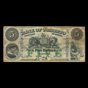 Canada, Bank of Toronto (The), 5 dollars : 1 juillet 1880