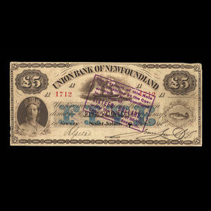 Canada, Union Bank of Newfoundland, 5 livres(anglaise) : 2 octobre 1865