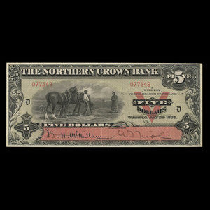 Canada, Northern Crown Bank, 5 dollars : 2 juillet 1908