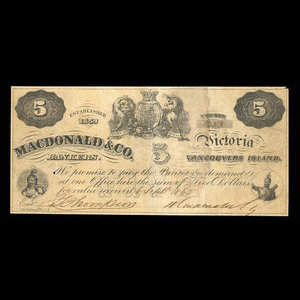 Canada, Macdonald & Company Bankers, 5 dollars : 6 septembre 1863