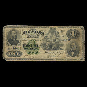 Canada, Molsons Bank, 4 dollars : 1 juin 1872