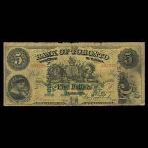 Canada, Bank of Toronto (The), 5 dollars : 1 juillet 1890