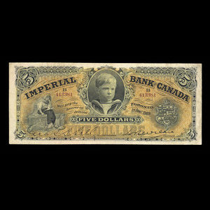 Canada, Imperial Bank of Canada, 5 dollars : 1 janvier 1910