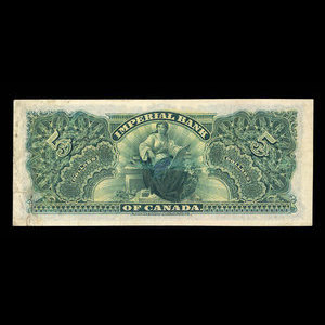 Canada, Imperial Bank of Canada, 5 dollars : 1 janvier 1910