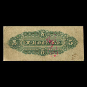 Canada, Royal Canadian Bank, 5 dollars : 1 juillet 1872