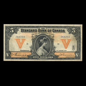 Canada, Standard Bank of Canada, 5 dollars : 2 janvier 1919