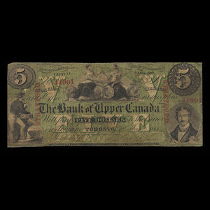 Canada, Bank of Upper Canada (York), 5 dollars : 1 janvier 1861