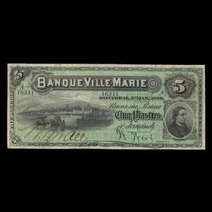 Canada, Banque Ville-Marie, 5 dollars : 2 janvier 1889