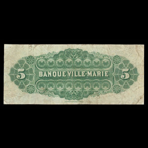 Canada, Banque Ville-Marie, 5 dollars : 2 janvier 1889