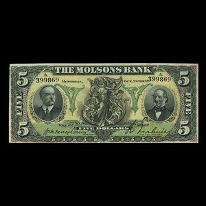 Canada, Molsons Bank, 5 dollars : 2 octobre 1905