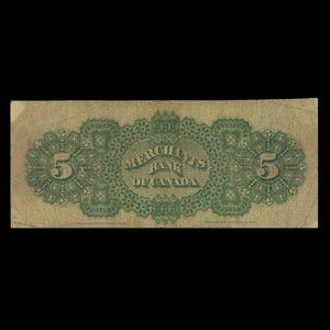 Canada, Merchants Bank of Canada (The), 5 dollars : 2 mars 1868