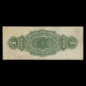 Canada, Bank of Acadia, 4 dollars : 2 décembre 1872