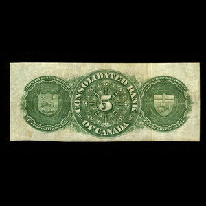 Canada, Consolidated Bank of Canada, 5 dollars : 1 juillet 1876